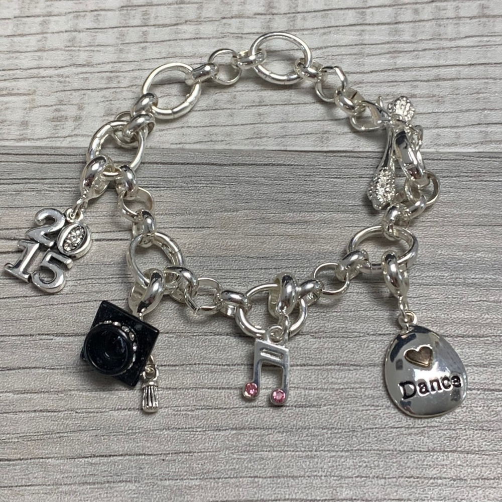 2015 Graduation Charm Bracelet Silver Tone Music Dance Grad Cap 7.5 Inch